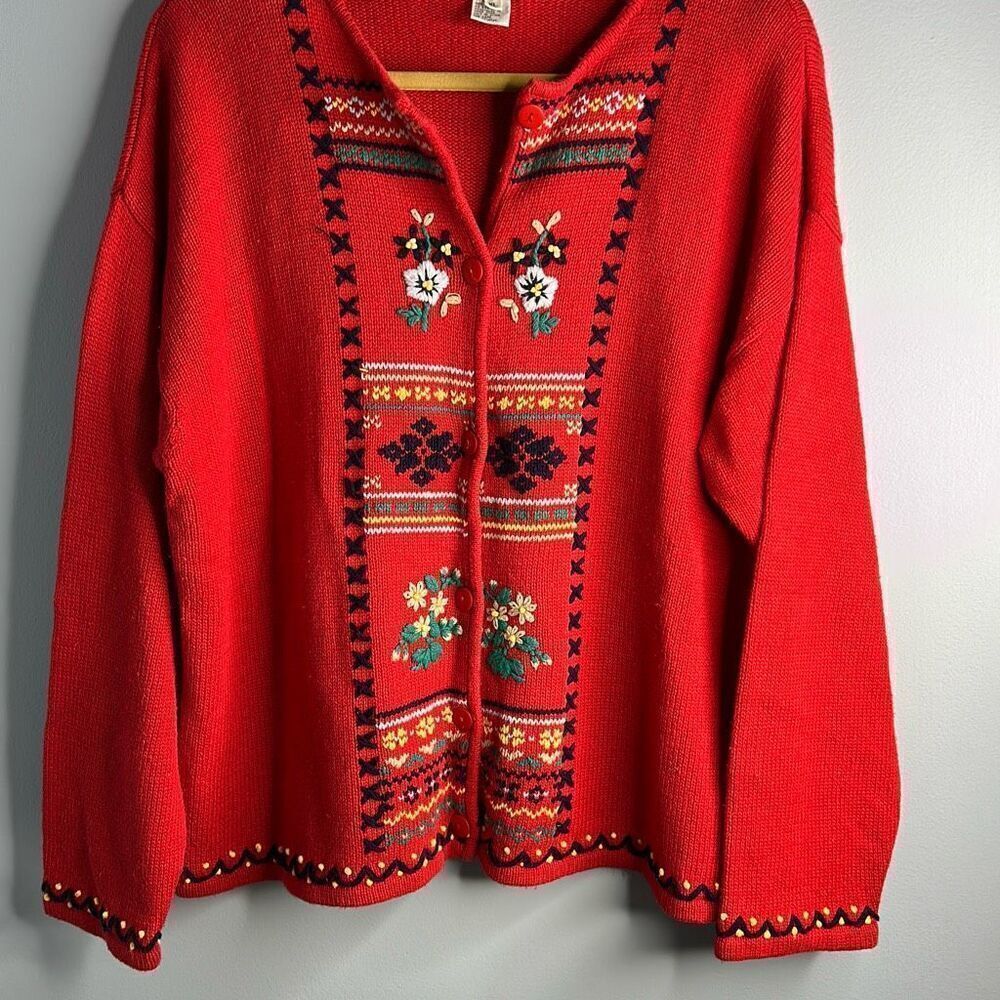 Country Suburbans Granny Core Red Embroidered Cardigan Sweater XL